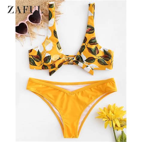 zaful knot leaf bikini set knotted swimwear women swimsuit scoop neck padded leaf bathing suit