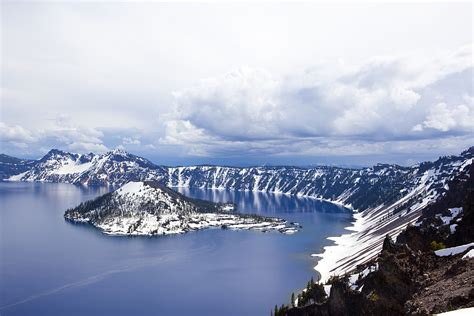 View Of A Snow Covered Island In Crater Lake Oregon Photograph By