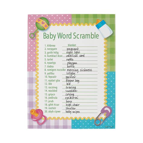 Use these free baby shower word scramble printouts, which feature a number of different designs, as part of your plan for a fun baby shower activity. Baby Shower Word Scramble Game - Toys - 24 Pieces ...