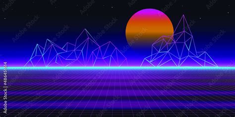 Retro Futuristic 1980s Style Mountain Landscape Background Glowing Sun