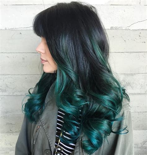 Long Curly Black Hair With Teal Green Balayage In 2020