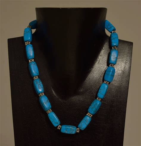 Necklace Stabilized Turquoise Silver Beaded Handmade Turquoise Necklace