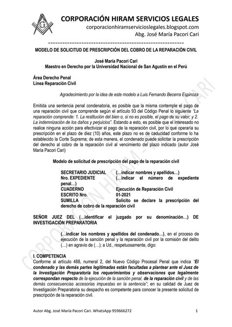 Modelo De Solicitud De PrescripciÓn Del Cobro De La ReparaciÓn Civil By