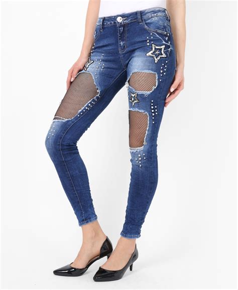 Skinny Jeans Fishnet Leg Studded Skinny Jeans Krisp