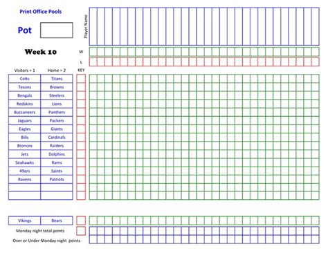 2020 Nfl Football Pool Master Sheet Week 10 Football