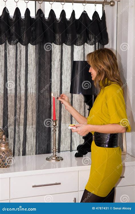 Woman Lighting A Red Candle Stock Image Image Of Ideas Illuminated