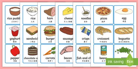Food Word And Picture Cards Englishmandarin Chinese Food Word And