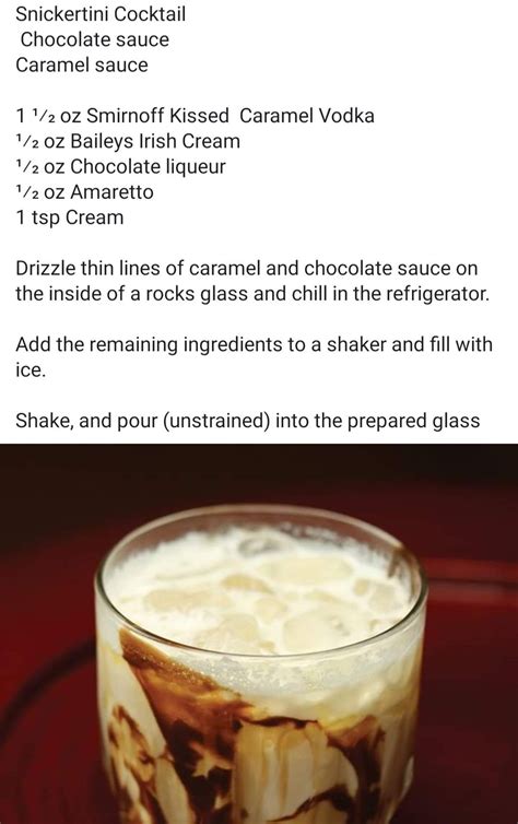 Stoli alibi (vodka, ginger simple syrup, lime juice) desert healer (orange juice, gin, cherry brandy and ginger beer) cola. Snickertini | Caramel vodka, Baileys irish cream