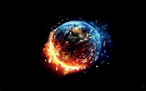 Online Crop Red And Blue Fire Surrounding Earth Digital Wallpaper