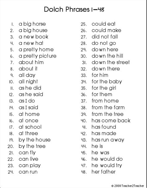 Dolch 144 Phrase List Teaching Sight Words First Grade Reading