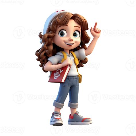 Cute Cartoon Girl Student Character On Transparent Background