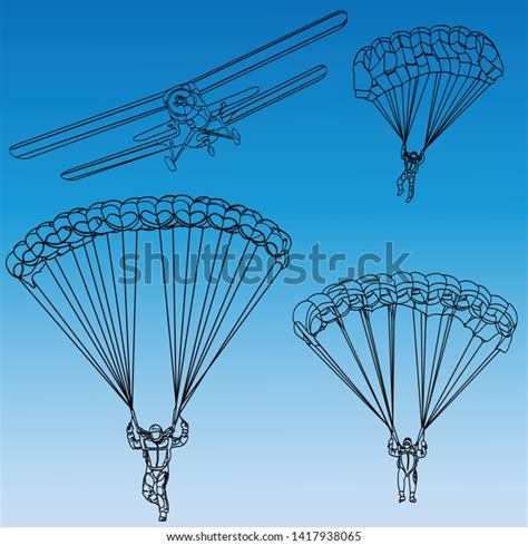 Set Black Outlines Flying Parachutists Sports Stock Vector Royalty