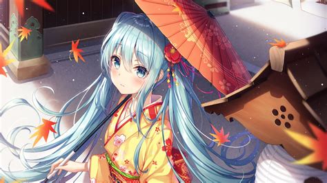 Wallpaper Autumn Aqua Hair Kimono Hatsune Miku Vocaloid