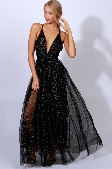 Gown To Party Detailed Maxi Blackgold Beautiful Gown With Tulle Cover And Gold Detailing