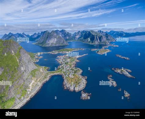Picturesque Fishing Port Reine On Lofoten Islands From Air Stock Photo