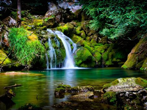 Landscape Beautiful Nature Green Tropical Waterfall Rocks Covered With