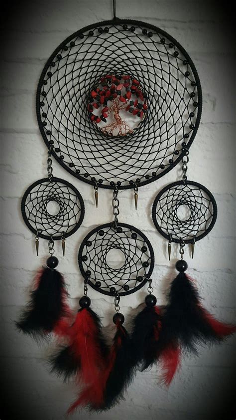 Black And Red Dreamcatcher With Tree Of Life Made With Oniks And Corals