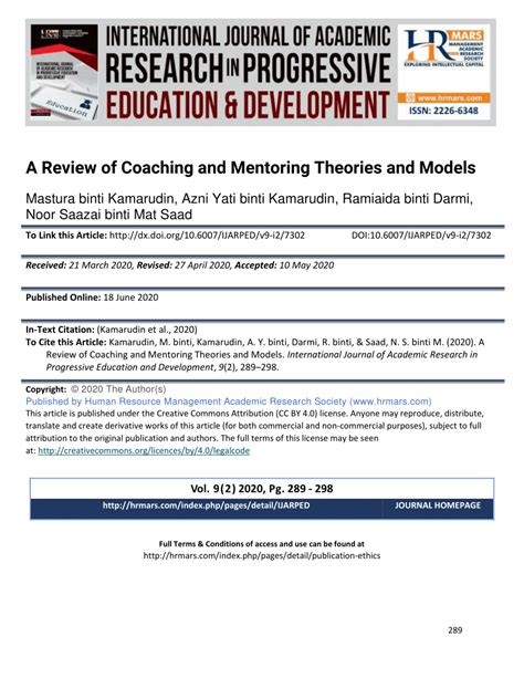 Pdf A Review Of Coaching And Mentoring Theories And Models
