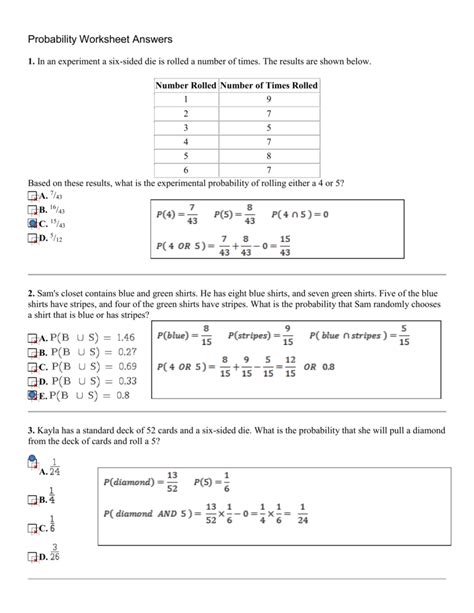 Statistics & probability with cards version 1. Probability Worksheet Answers