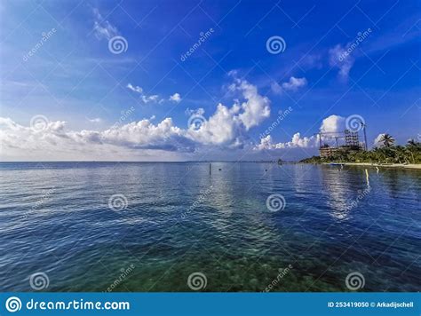 Playa Azul Beach Palm Seascape Panorama In Cancun Mexico Stock Photo