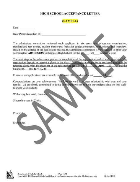 High School Acceptance Letter Sample Department Of Catholic Schools
