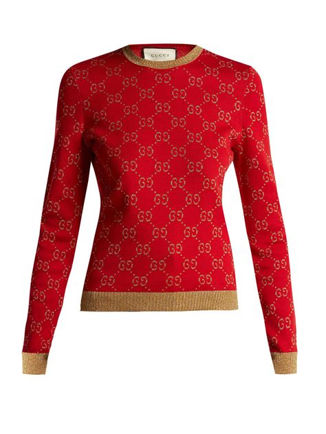gucci gg jacquard knit cotton blend sweater in red lyst