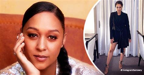 tia mowry from sister sister bares seductive legs in belted black mini dress and nude high