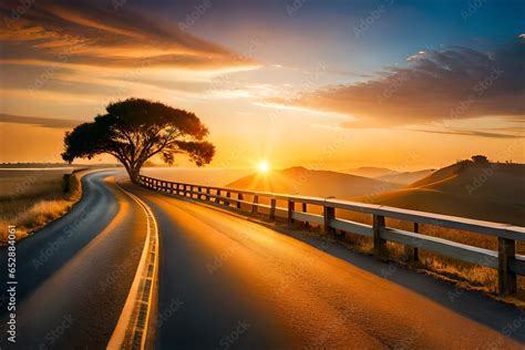 Beautiful Sun Rising Sky With Asphalt Highways Road In Rural Scene Use