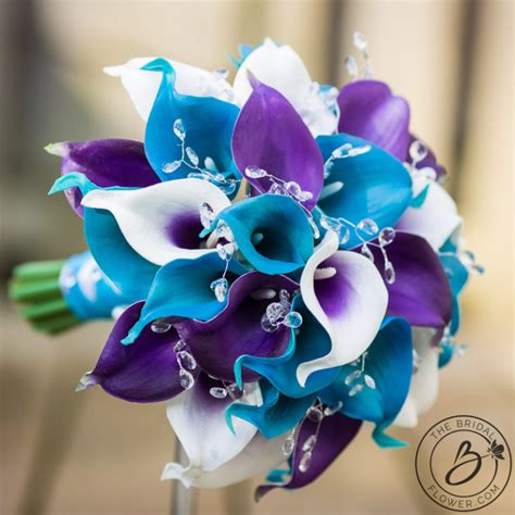 purple and turquoise calla lily wedding bouquet with crystals the bridal flower silk and