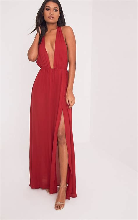 Alina Burgundy Plunge Maxi Dress Dresses Prettylittlething