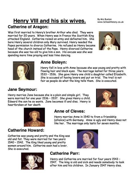 Henry Viii And His Six Wives Facts And Information Worksheet