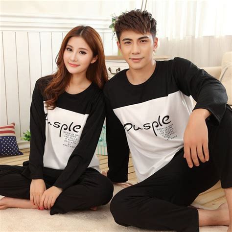 Matching Couple Pajama Sets Female Male Autumn Lovers Letters Print White Black Color Blocking