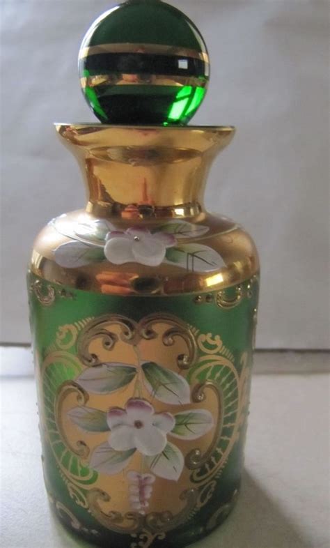 Antique Moser Bohemian Art Glass Gold Enameled Green Emerald Perfume