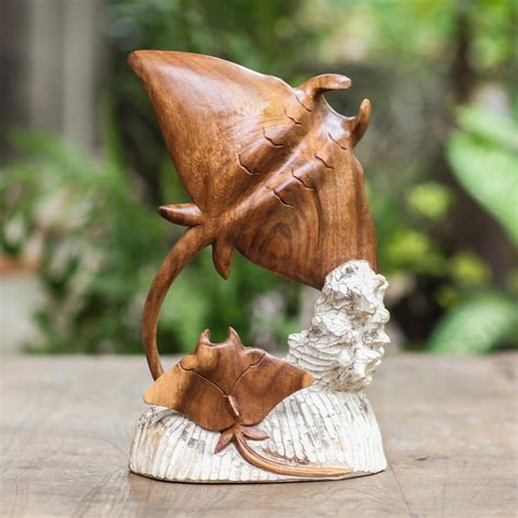 Hand Crafted Suar Wood Stingray Sculpture Stingrays And Coral Novica