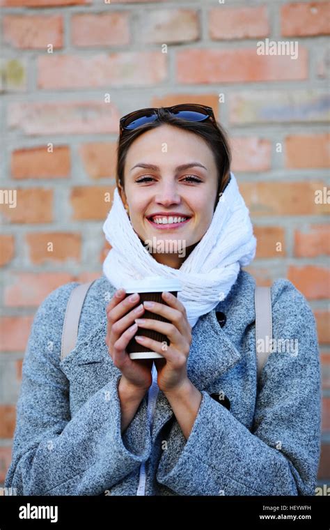 Happy Girl Holding Cup Coffee Stock Photo Alamy