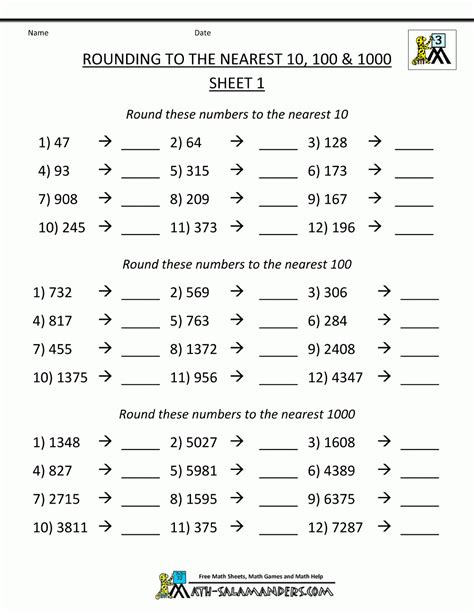 Fourth Grade Rounding Numbers Worksheets