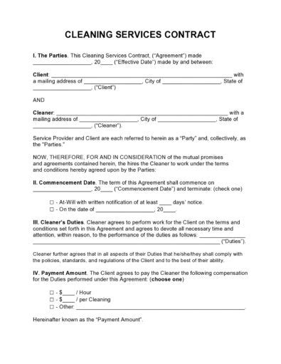 41 Printable Cleaning Contract Templates 100 Free