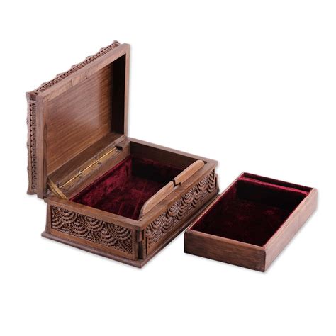 Unicef Market Hand Carved Walnut Wood Jewelry Box With Floral Motif