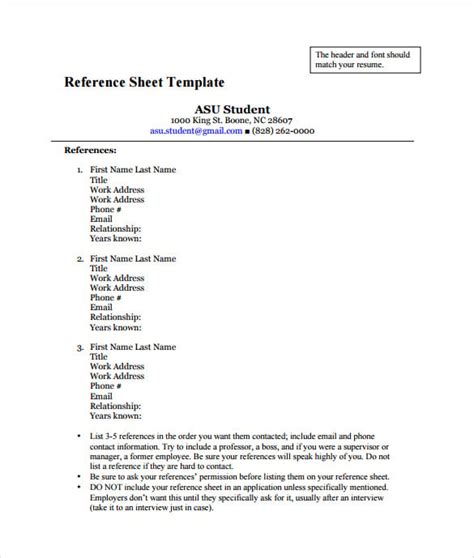 Reference Sheet Template 34 Free Word Pdf Documents Download