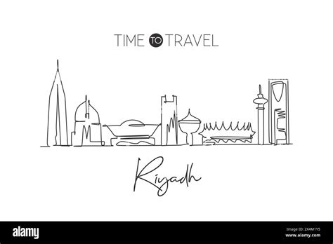 Single continuous line drawing of Riyadh skyline, Saudi Arabia. Famous