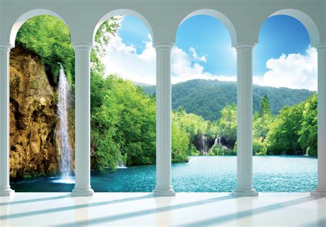 Waterfall Lake Forest 3d Archway View Photo Wallpaper Mural 2353ve