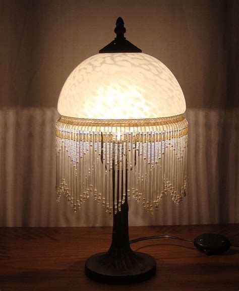 Vintage Frosted Etched Glass Fringe Dome Beaded Shade Table Lamp
