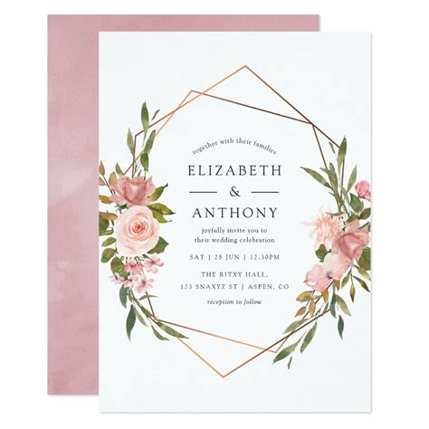 Watercolor Gold Geometric Blush Pink Roses Wedding Invitation Zazzle
