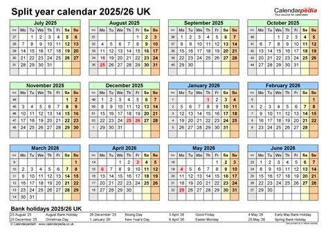Split Year Calendars 202526 Uk July To June For Word