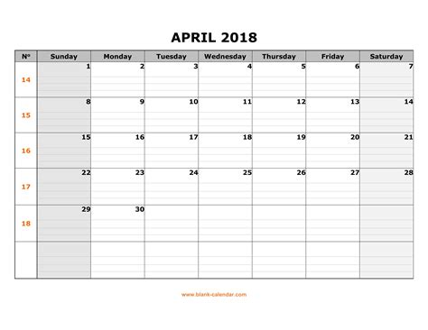 Free Download Printable April 2018 Calendar Large Box Grid Space For