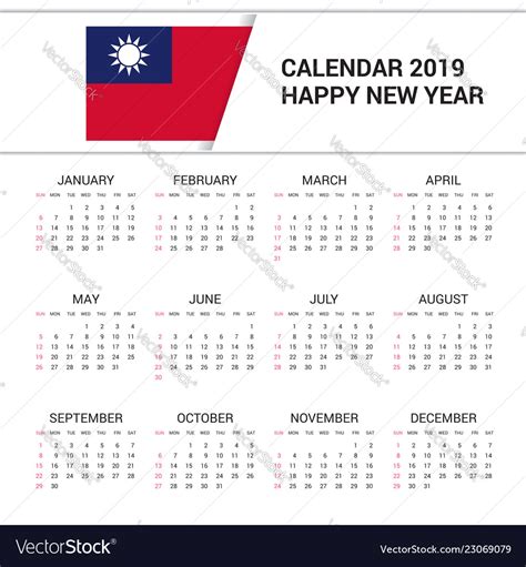 Calendar 2019 Taiwan Flag Background English Vector Image