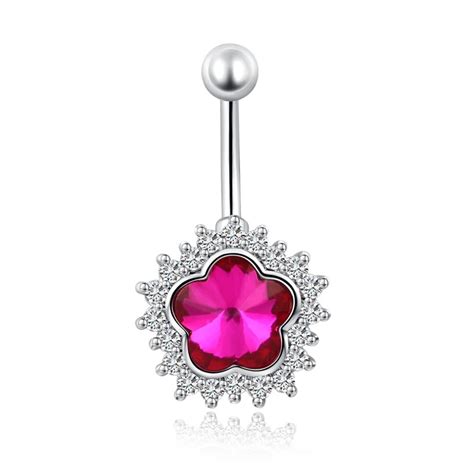 Silver Plated Zircon Crystal Flower Belly Button Ring Body Jewelry Belly Navel Ring Piercing