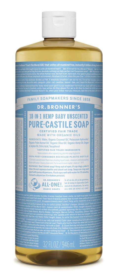 Dr Bronners Baby Unscented Pure Castile Liquid Soap 32 Oz