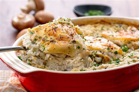 Place the chicken on top of the rice and put the lid on the skillet. baked chicken thighs and rice with mushroom soup