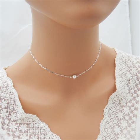 Tiny Pearl Necklace Sterling Silver Floating Pearl Choker Etsy Tiny